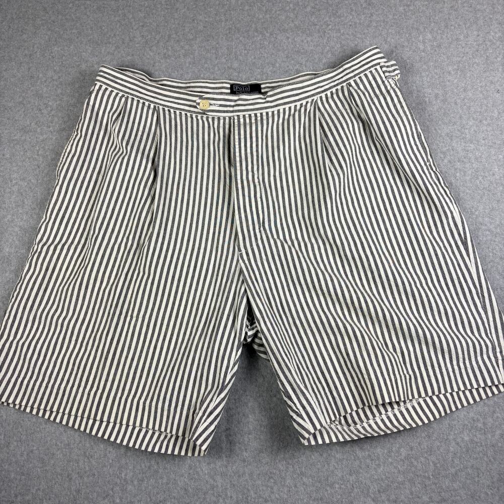 Vintage Polo Ralph Lauren Seersucker Shorts Mens 40 USA Gray White Pleated